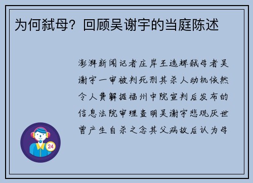 为何弑母？回顾吴谢宇的当庭陈述