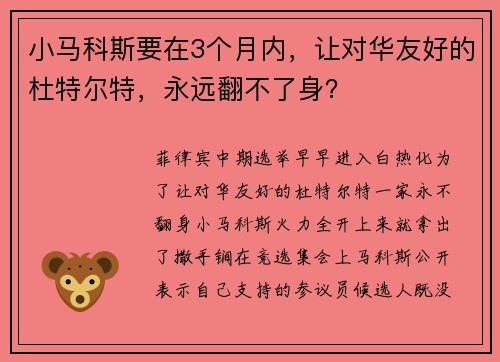 小马科斯要在3个月内，让对华友好的杜特尔特，永远翻不了身？
