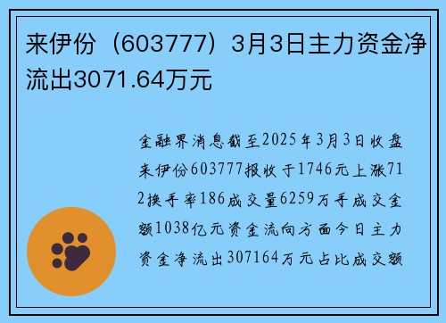 来伊份（603777）3月3日主力资金净流出3071.64万元