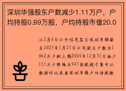 深圳华强股东户数减少1.11万户，户均持股0.99万股，户均持股市值20.05万元
