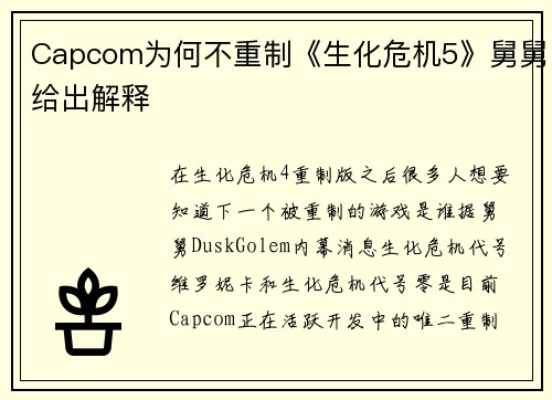 Capcom为何不重制《生化危机5》舅舅给出解释