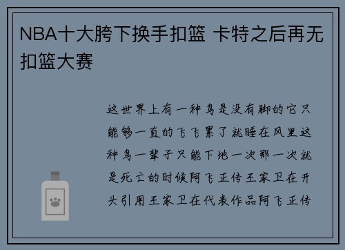 NBA十大胯下换手扣篮 卡特之后再无扣篮大赛