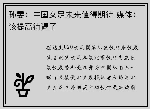 孙雯：中国女足未来值得期待 媒体：该提高待遇了
