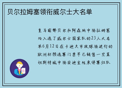 贝尔拉姆塞领衔威尔士大名单