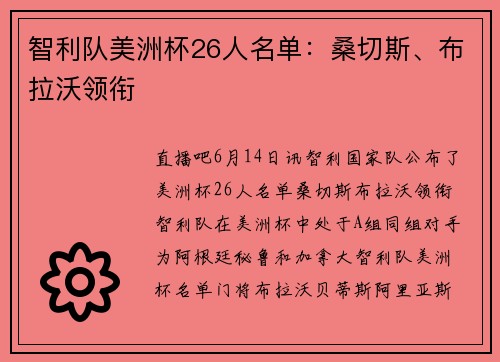 智利队美洲杯26人名单：桑切斯、布拉沃领衔